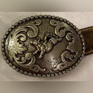 Nooona Brown leather belt, 26 inches, cowboy riding a horse